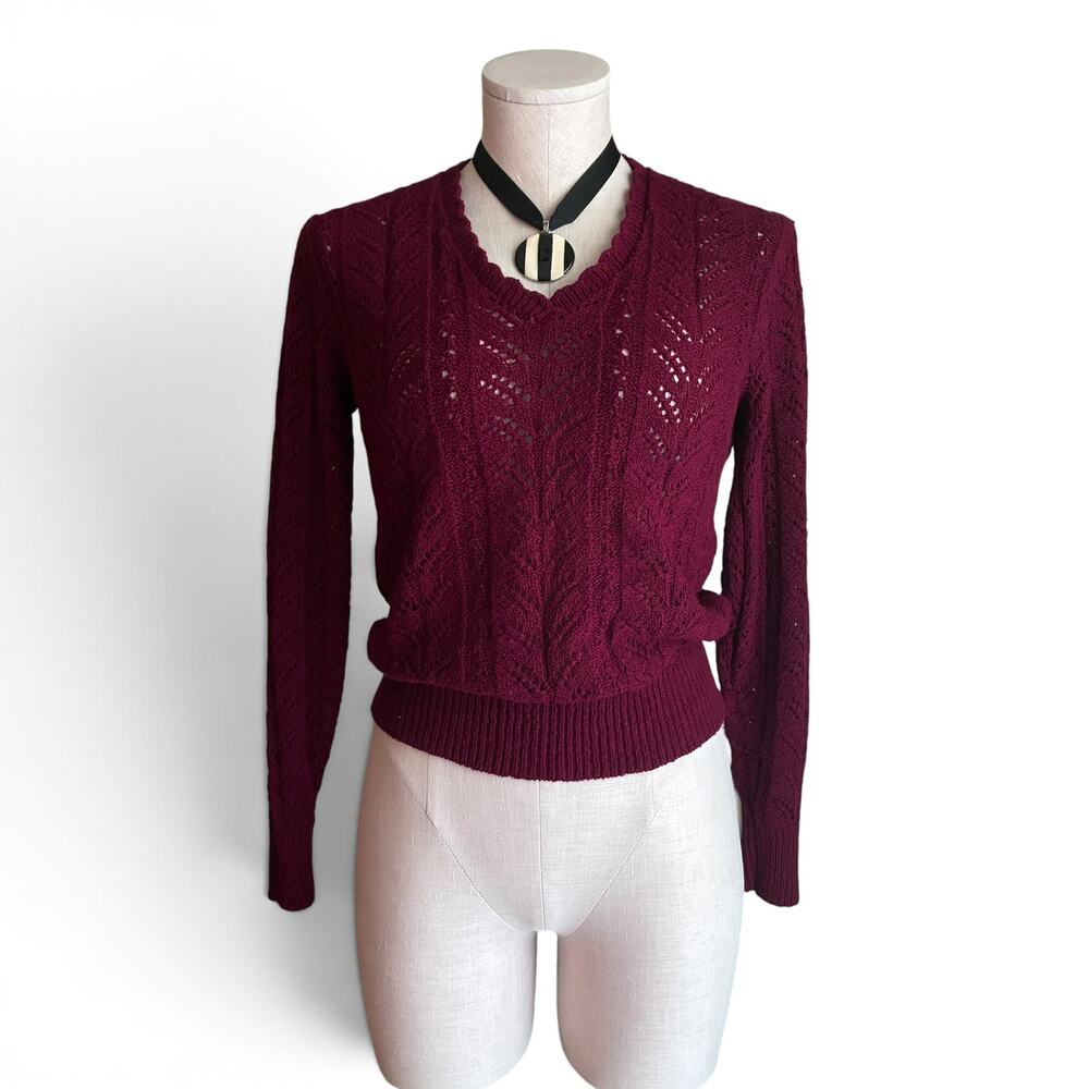 Vintage 80s Burgundy Crochet Knit Sweater Medium, Open Weave Ribbed Trim Top - Picture 2 of 16
